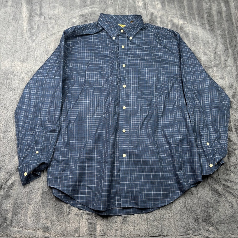 Roundtree & Yorke Gold Label Mens XL Blue Grid Non-Iron Cotton Button Down Shirt